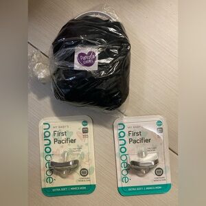 Parent’s Choice Black Nursing Cover + two Nanobebe First Pacifiers